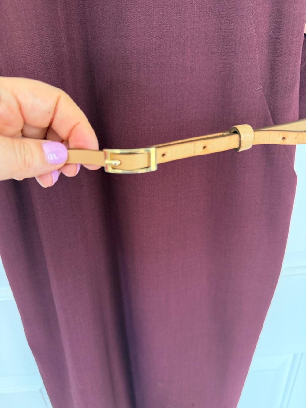 MM Lafleur Etsuko Claret Midi Sheath Dress with Slim Tan Belt - Picture 7 of 7